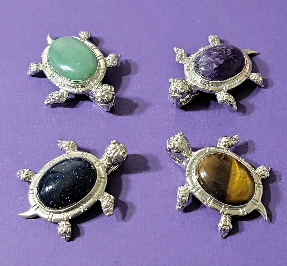 Lot of 4 Turtle Pendants Gemstone Silver Tone Amethyst Tiger Eye Aventurine New